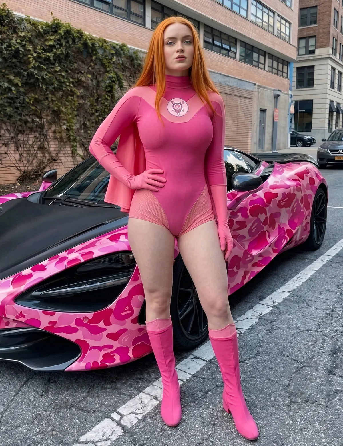 Orange Hair Superhero Woman Sports Car Pose