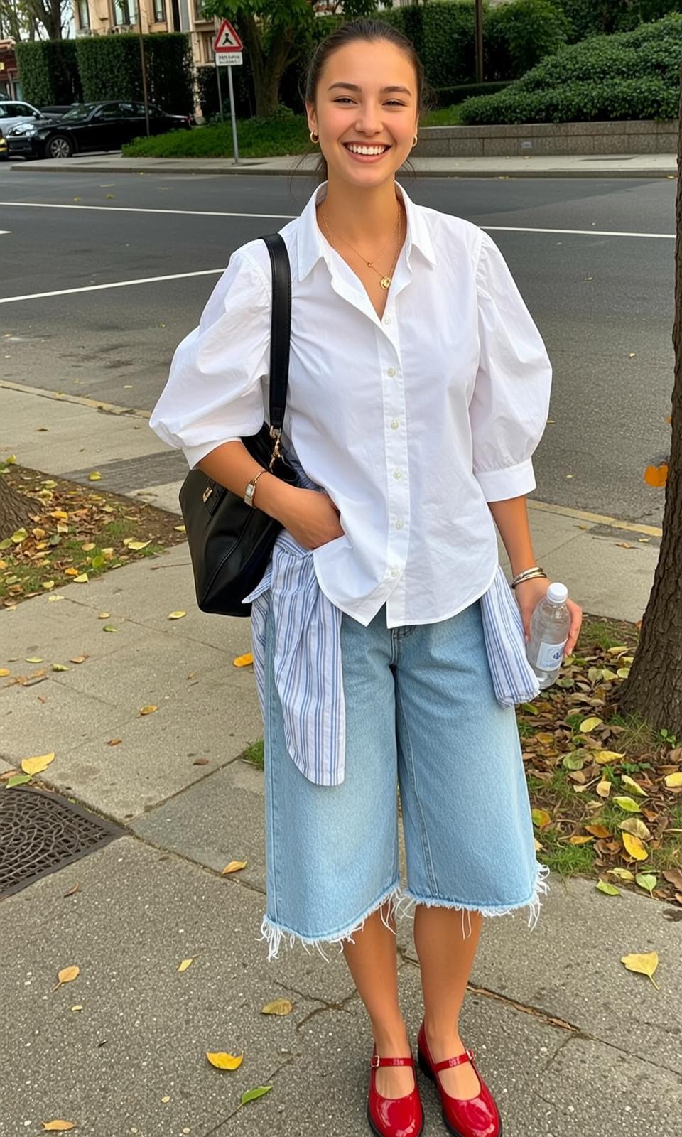 White Shirt Bun Hair City Street Standing