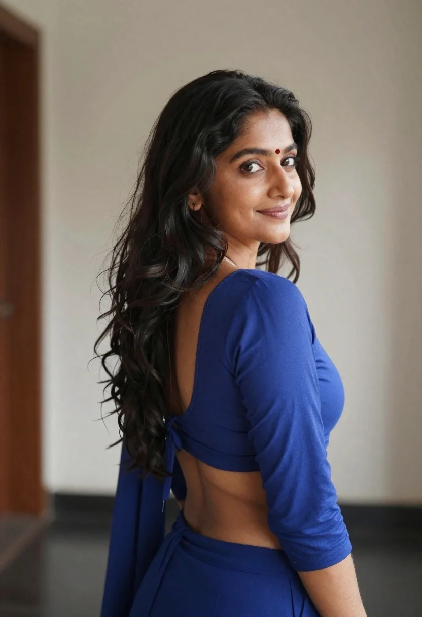 Woman With Dark Wavy Hair And Bindi Looks Back Over reference photo