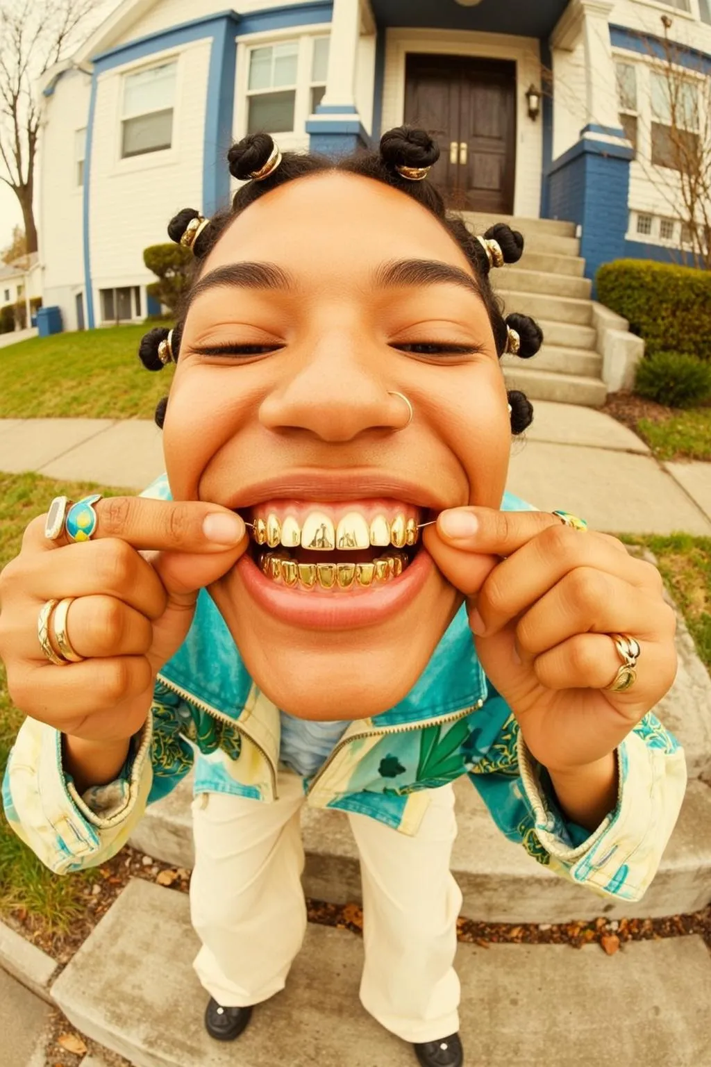 Piercings And Gold Hair Rings In Front Yard Portrait