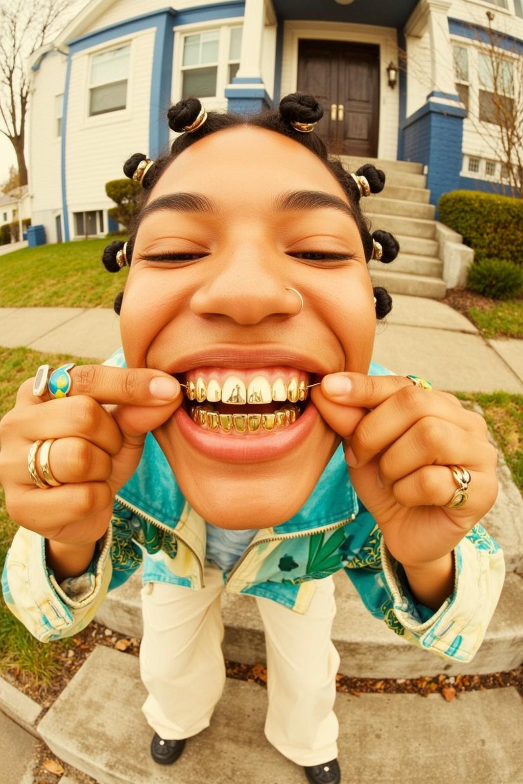 Gold Grillz Teal Jacket House Yard
