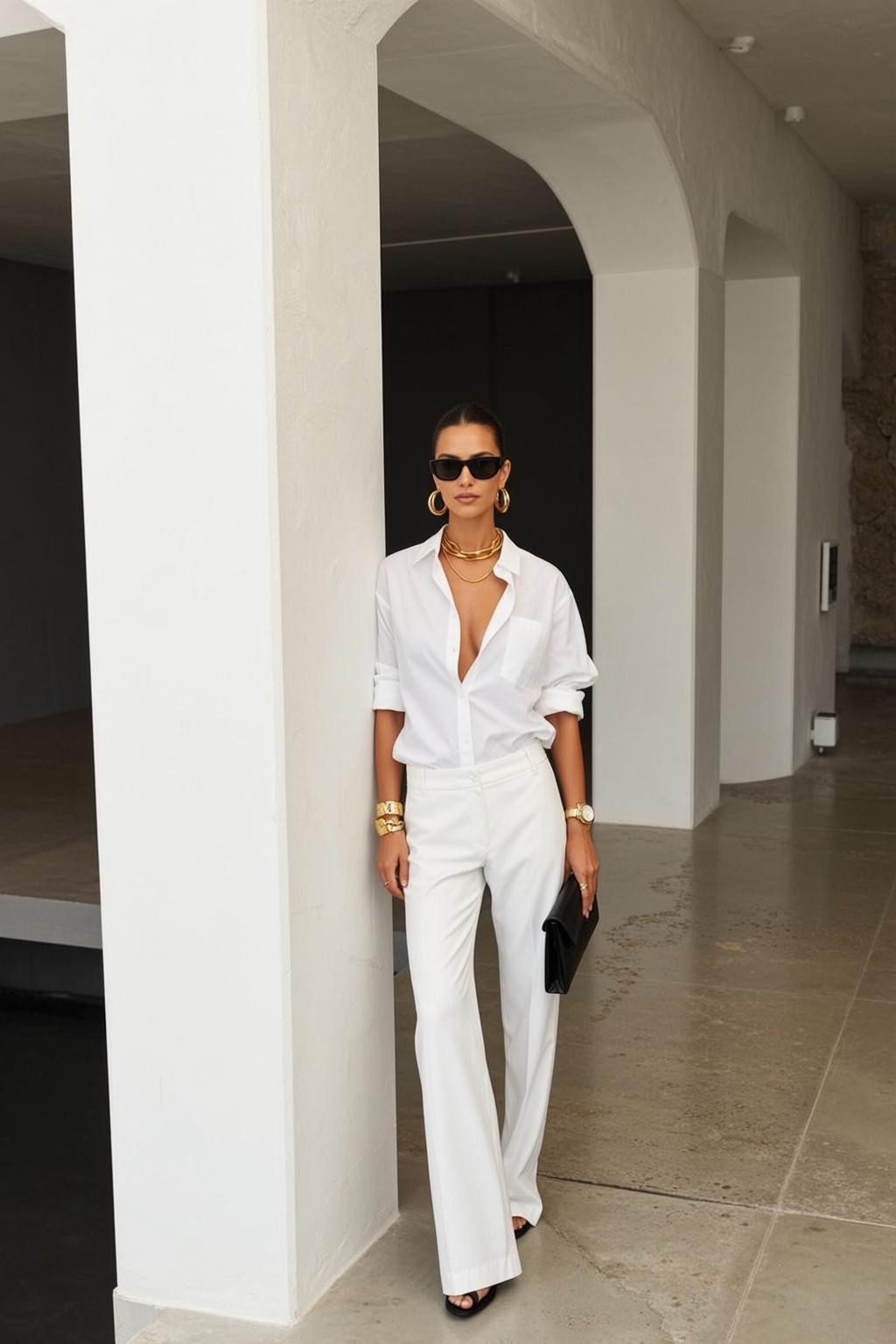 Luxury Pulled Back Tan Unbuttoned White Collared