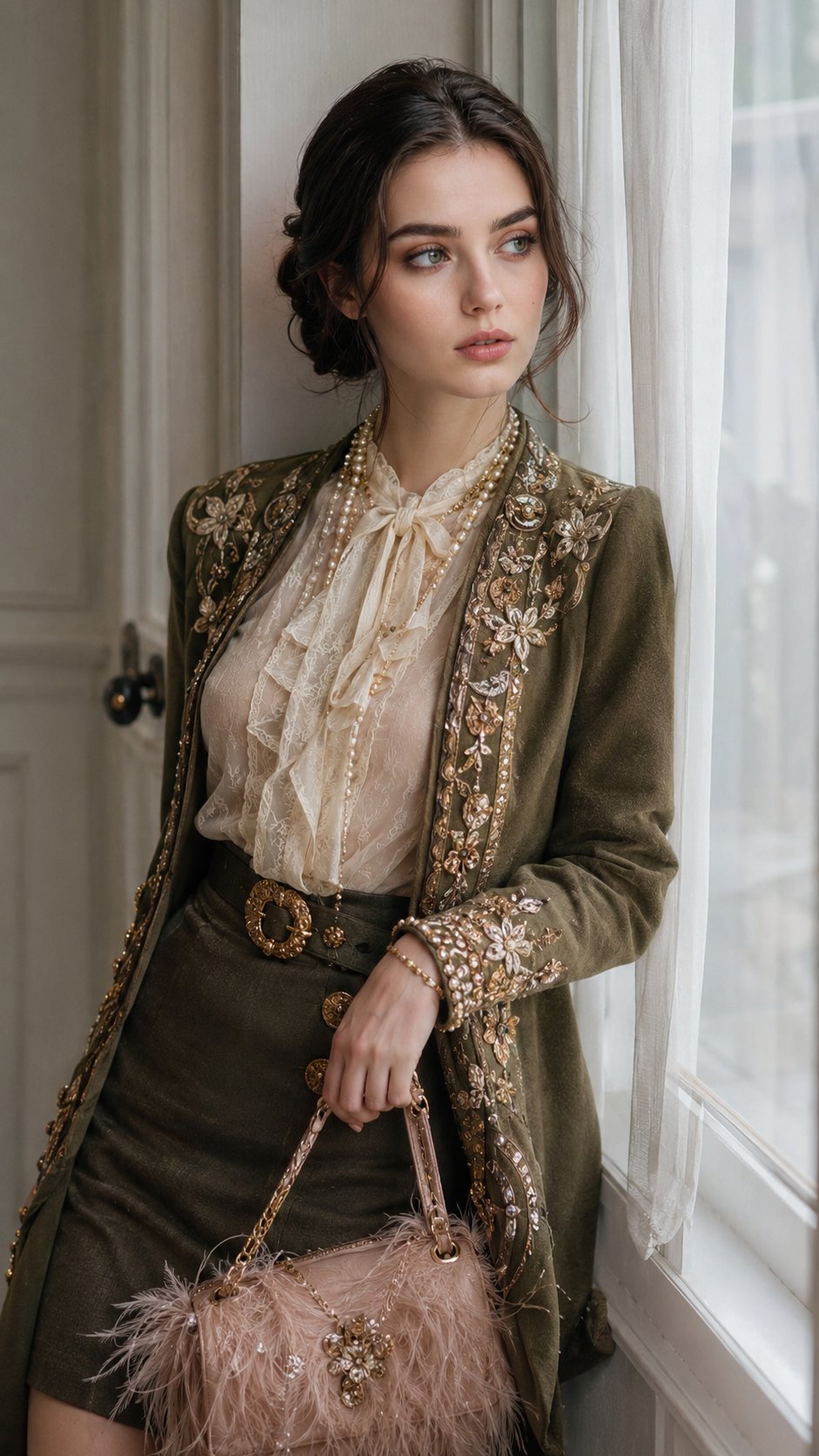 Elegant Indoor Scene Olive Green Embroidered Jacket Pearl Necklace