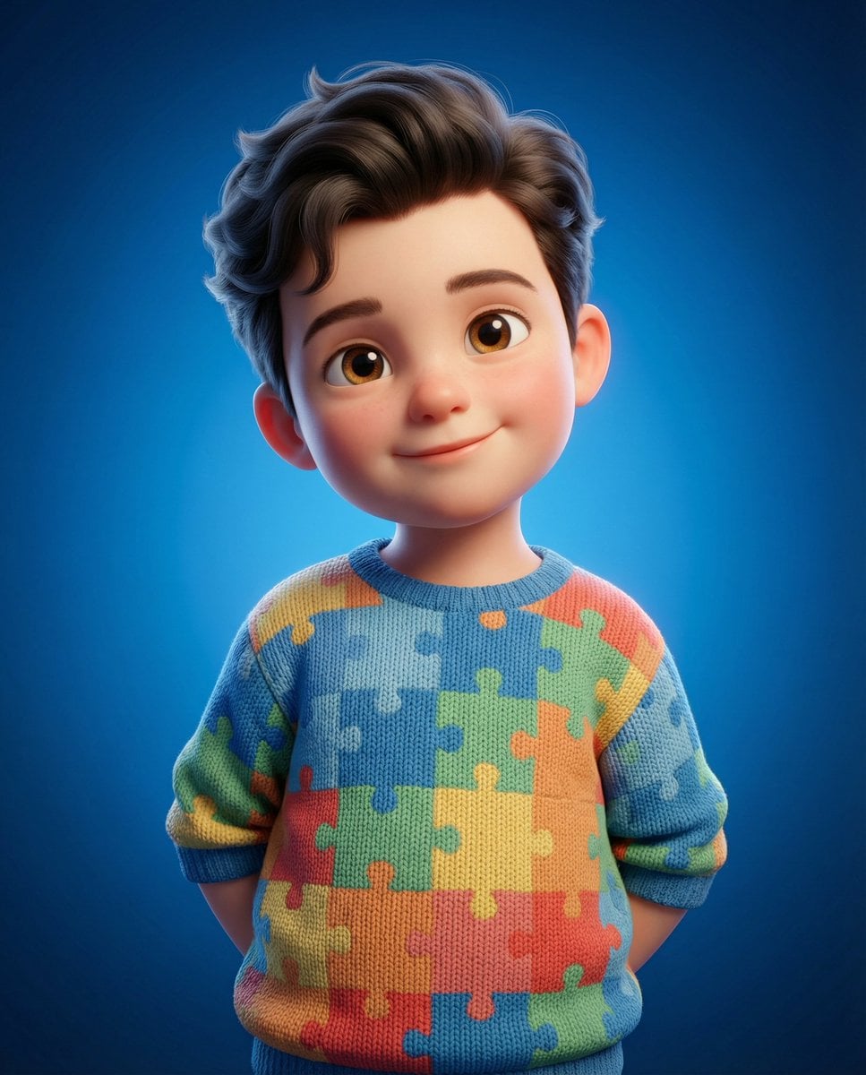 A cute childlike figure with a warm glow, soft skin, and gentle smile, standing relaxed against a rich blue gradient background.