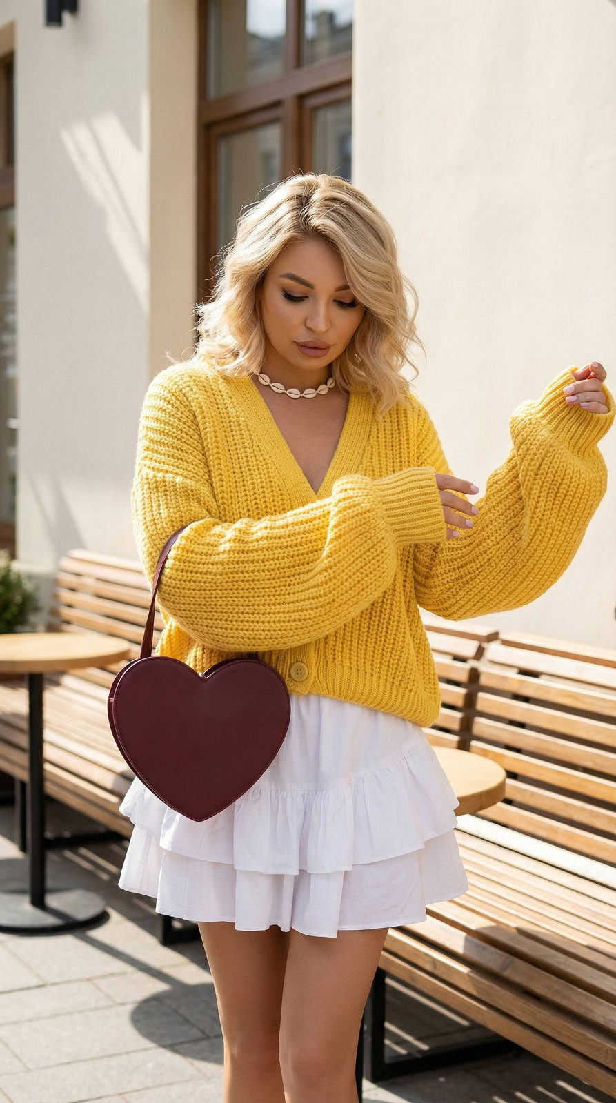 A girl stands in front of a street cafe, wearing a bright yellow knitted sweater, with long sleeves covering her wrists.