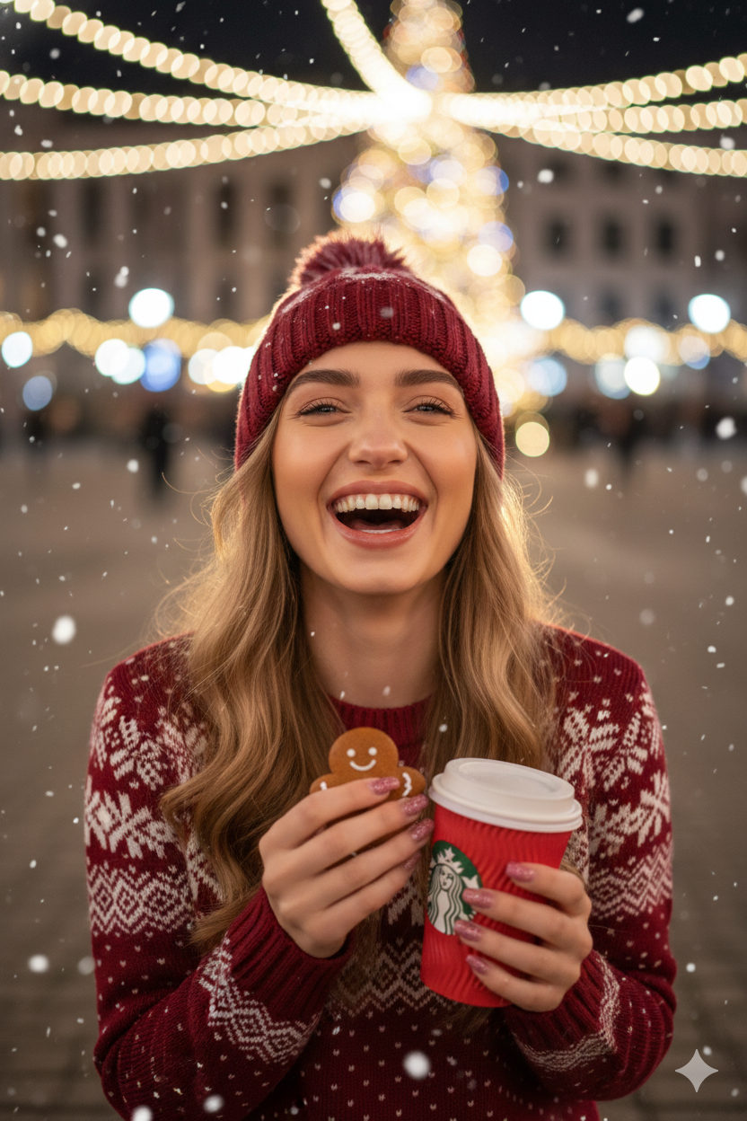 A joyful girl laughing in a cozy red Christmas sweater, surrounded by floating snowflakes and twinkling lights.