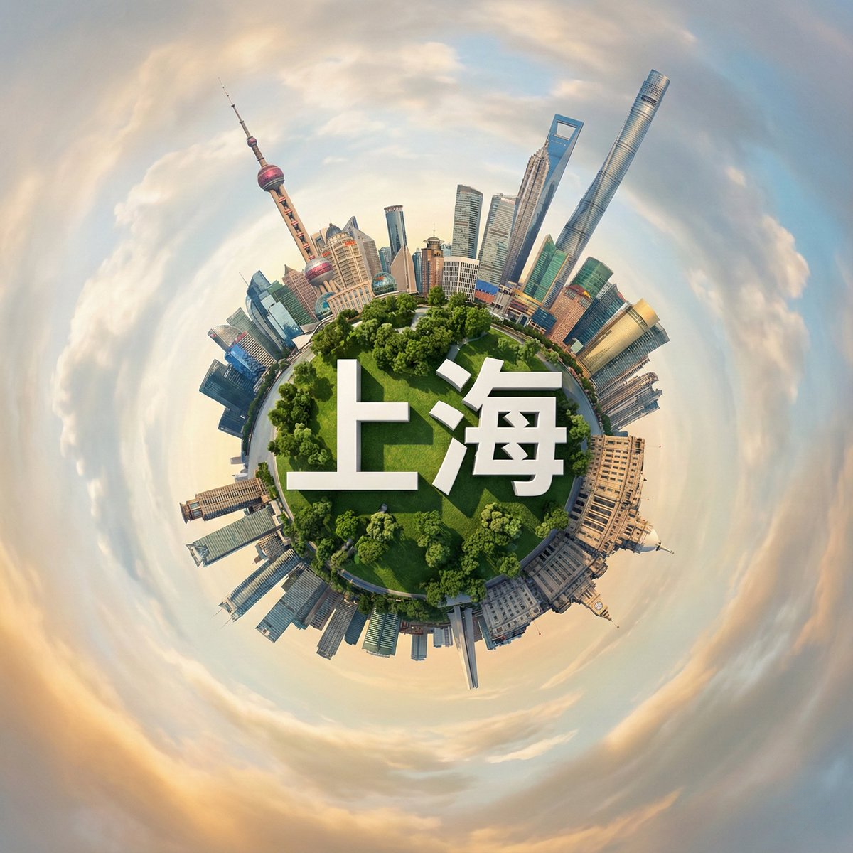 A hyperrealistic miniature planet depicting Shanghai, featuring iconic landmarks wrapped around a lush green park under soft golden hour light.