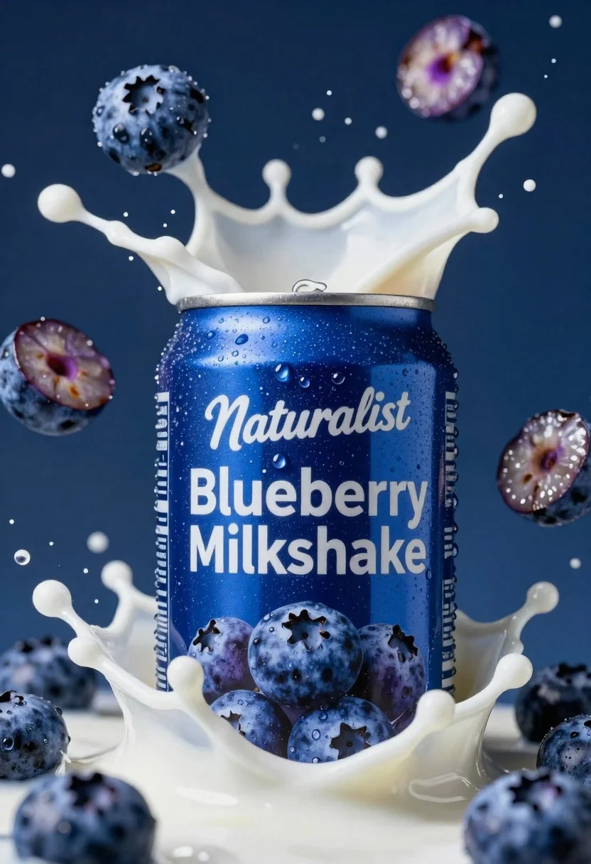 Close-up of a blue beverage can exploding with fresh blueberries and milk against a deep blue background.
