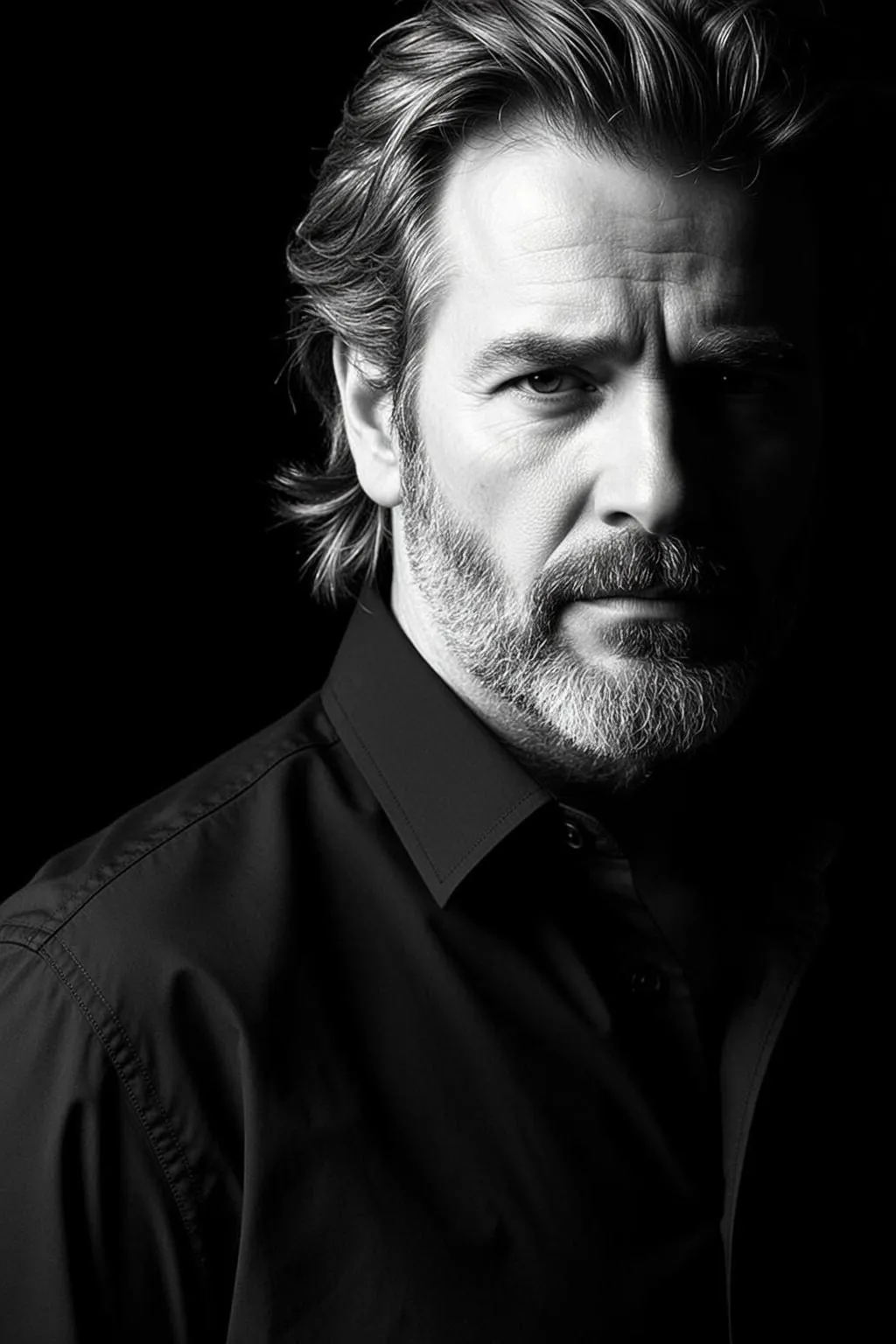 Dramatic Black And White Portrait Middle-aged Man With Salt-and-pepper Hair