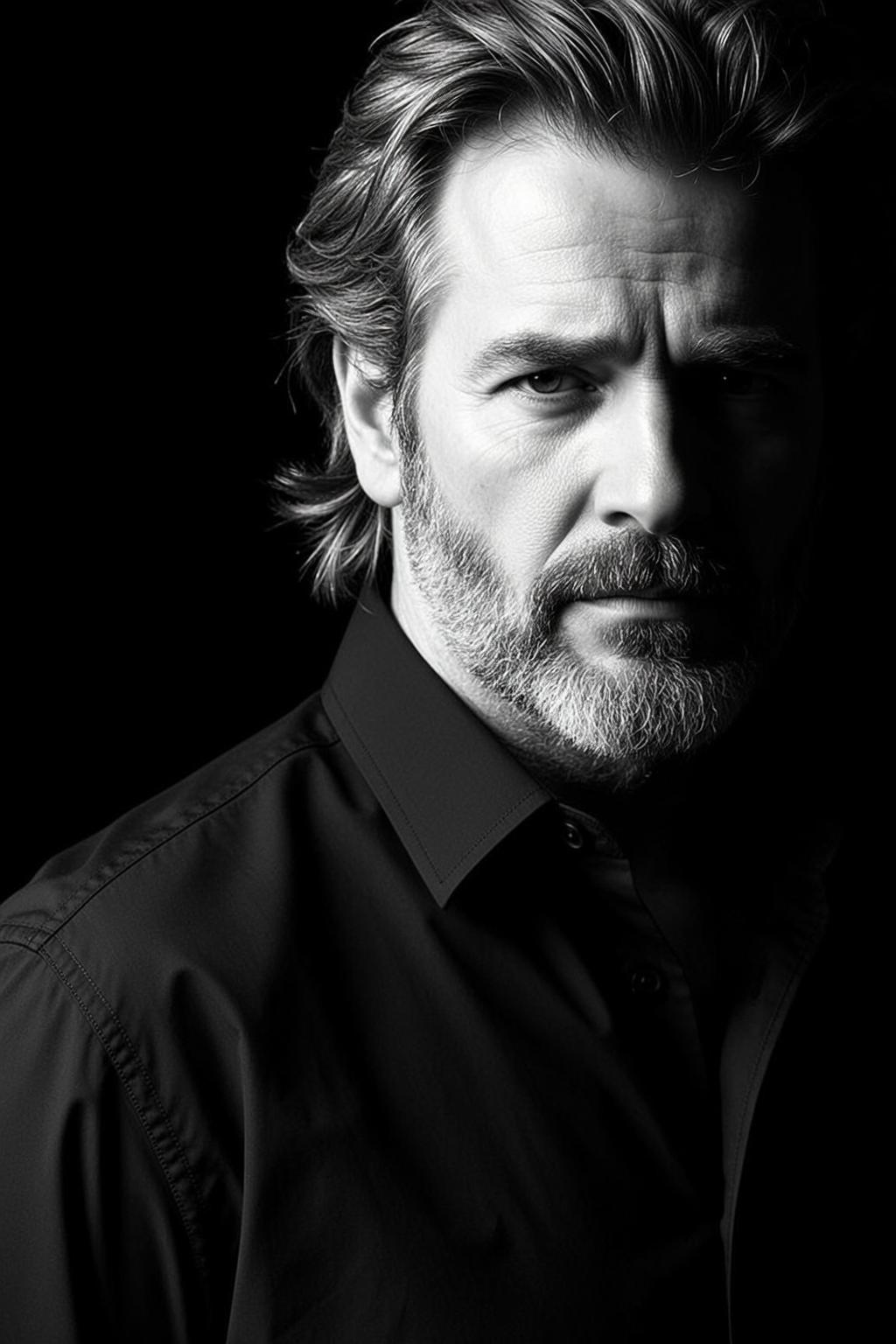 Dramatic Black And White Portrait Middle-aged Man With Salt-and-pepper Hair