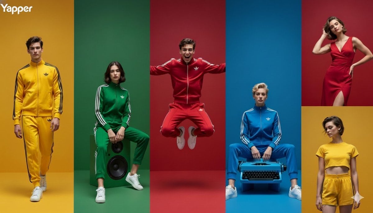 A vibrant split-screen fashion editorial featuring models in bright colored tracksuits matched to their backgrounds.