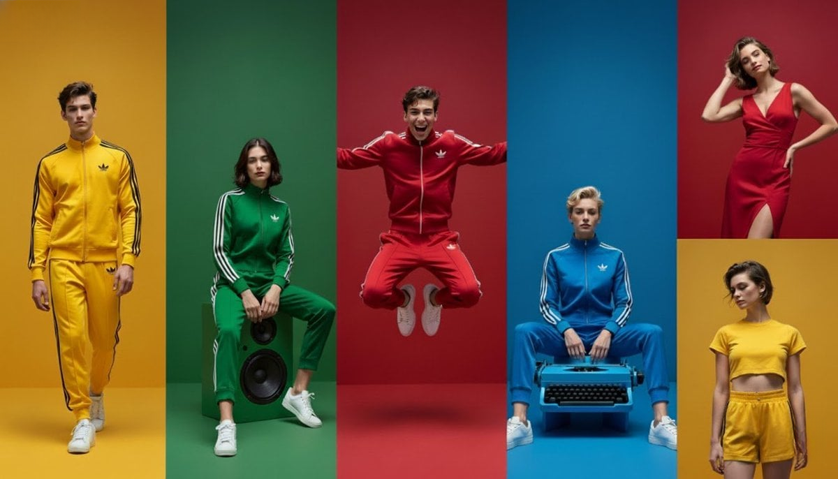 A vibrant split-screen fashion editorial featuring models in bright colored tracksuits matched to their backgrounds.