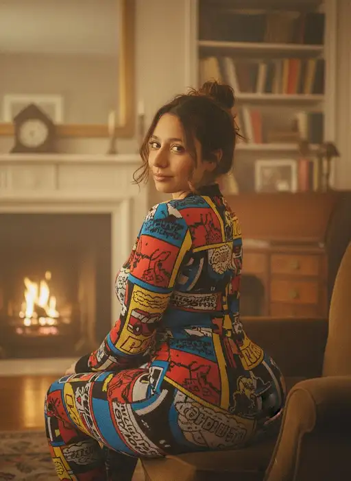 A candid shot of a voluptuous woman in a woolly bodysuit, smiling gently, with a soft-curvy figure and a cozy room background.