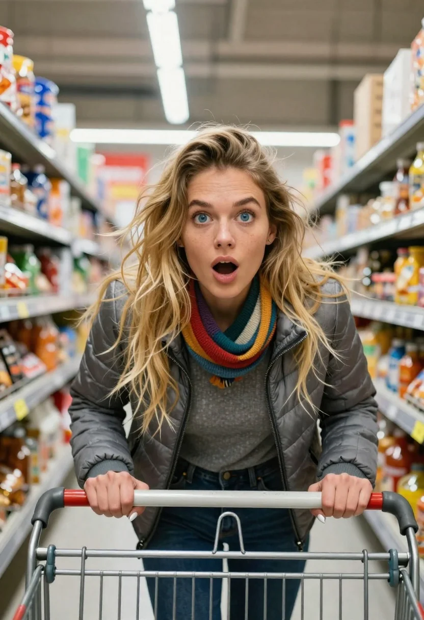 Photorealistic Close-up Young Woman With Expression Surprise She Pushes Shopping reference photo