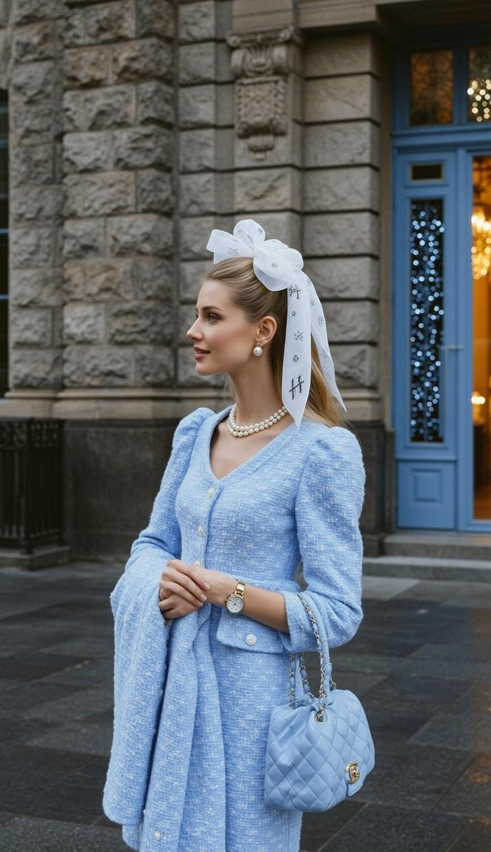 Blonde Woman Pearl Jewelry Blue Tweed Outfit Outdoors