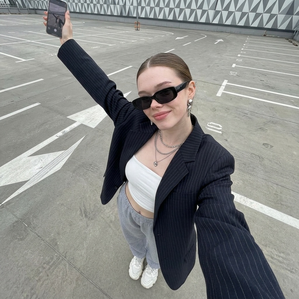 Fashionable Woman Wide Angle Selfie Urban Parking Lot