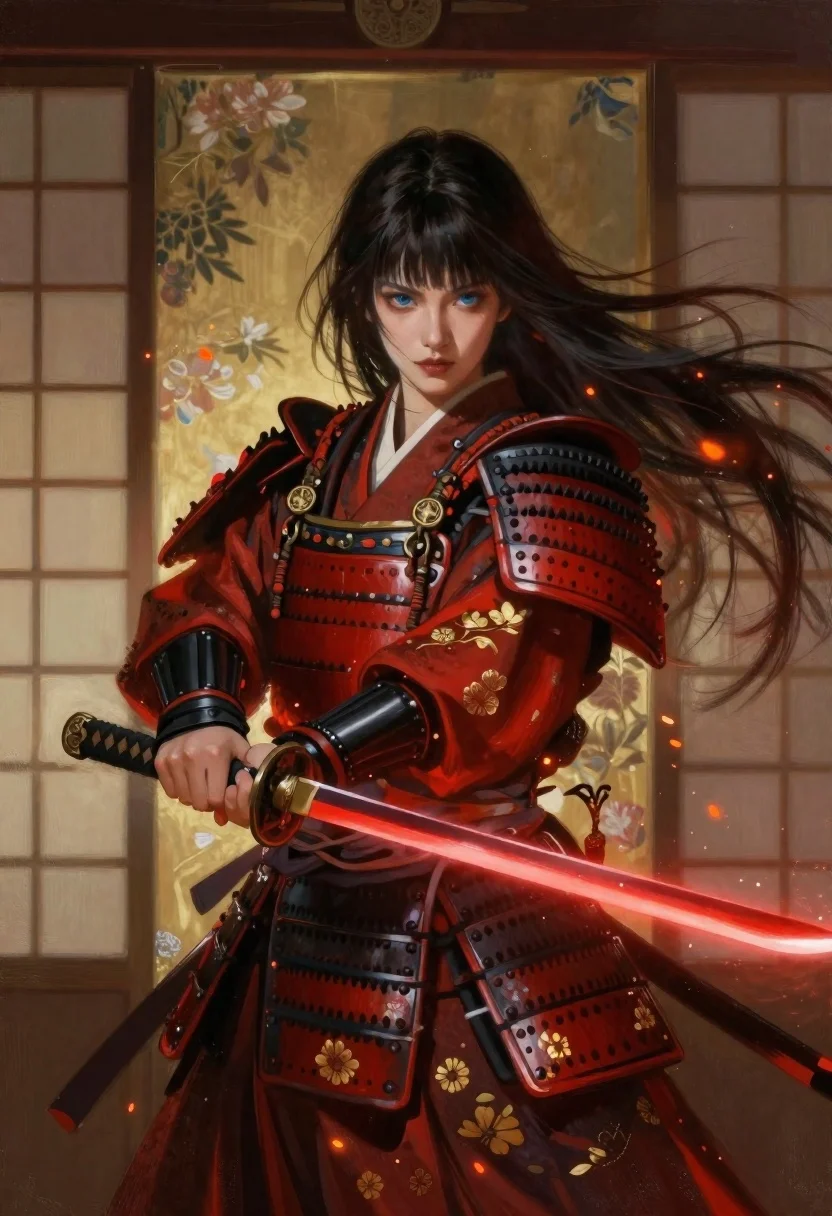Oil Painting Female Samurai Warrior Standing With Intense Focus Front reference photo