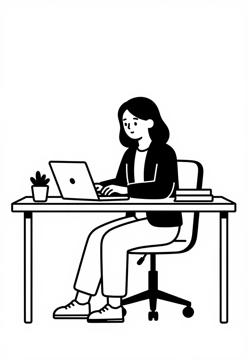 Woman Sits Desk Typing Laptop Minimalist Line Drawing Subject Woman