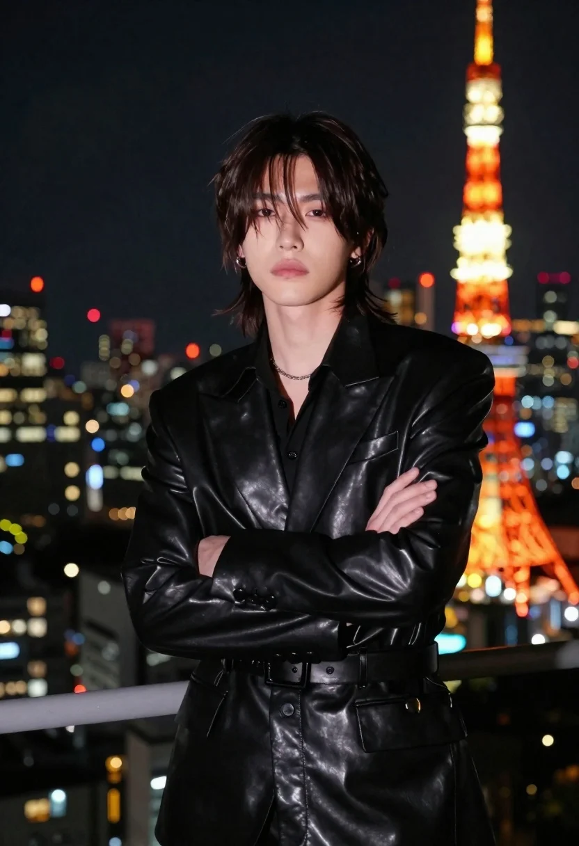 Stylish Nighttime Portrait Man Standing Before Vibrant City Skyline With reference photo