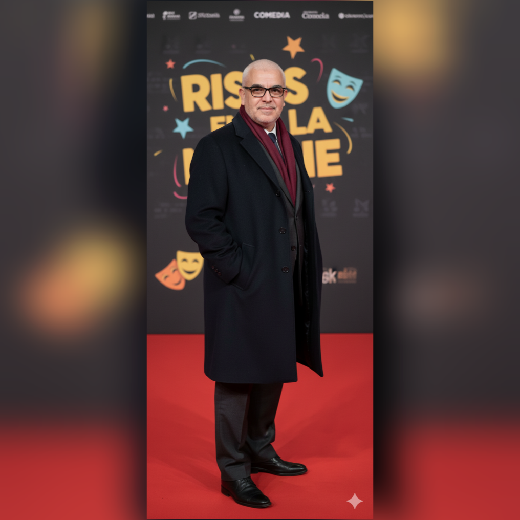 Mujer de pie en alfombra roja, vistiendo abrigo negro y bufanda burdeos, sonriendo suavemente, fondo de estreno de comedia.