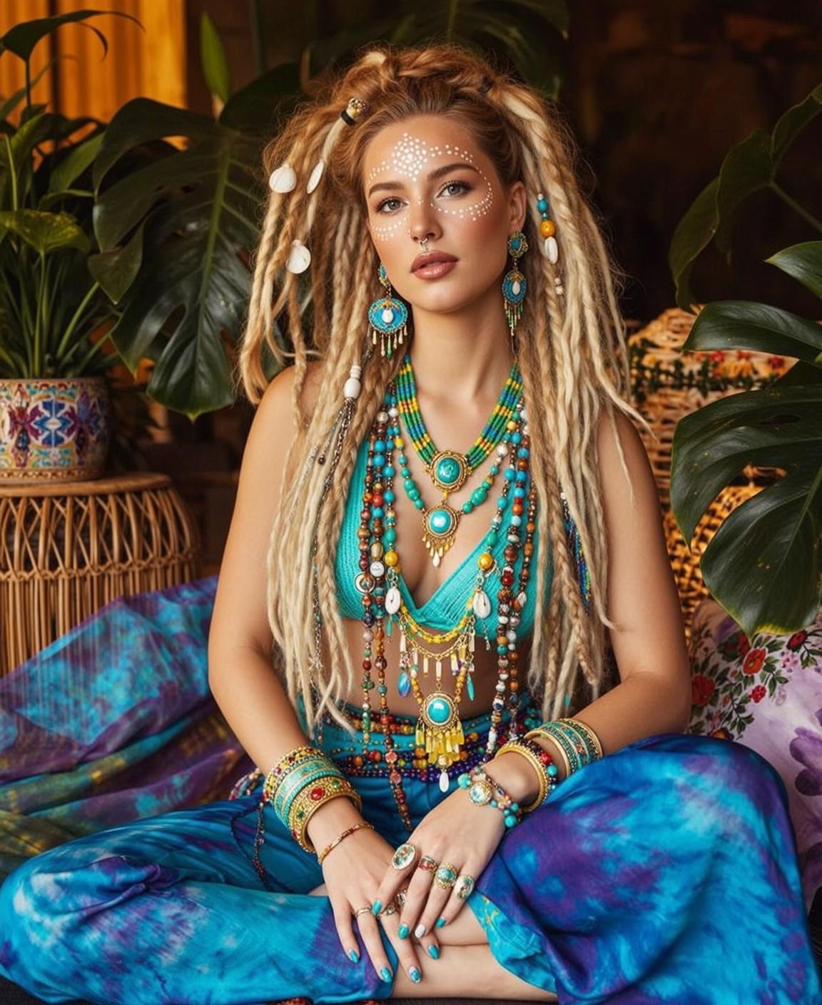 Tribal Face Paint Dreadlocks Woman Teal Bikini