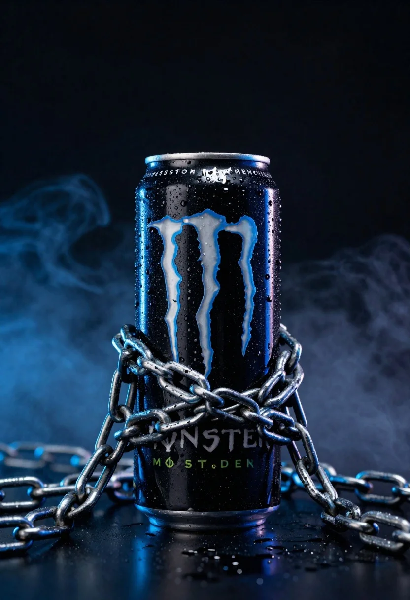 A black Monster Energy can standing upright, wrapped in heavy metal chains, set against a smoky, dark studio background.