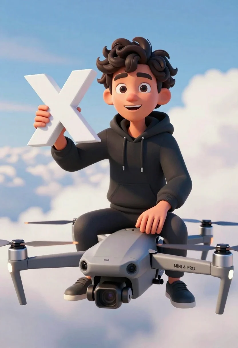 A young man with curly dark hair sitting on a grey DJI Mini 4 Pro drone, holding a large white letter X against a soft cloud background.