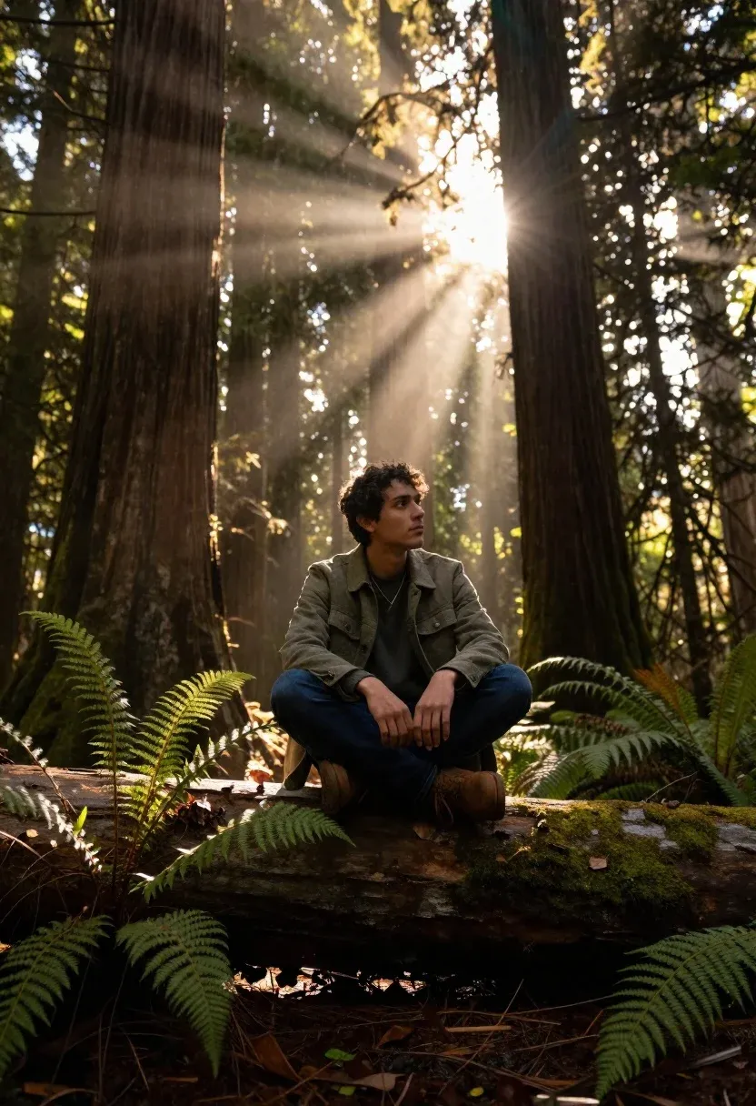 Young Man Sits Cross-legged Moss-covered Fallen Log Dense Forest Subject