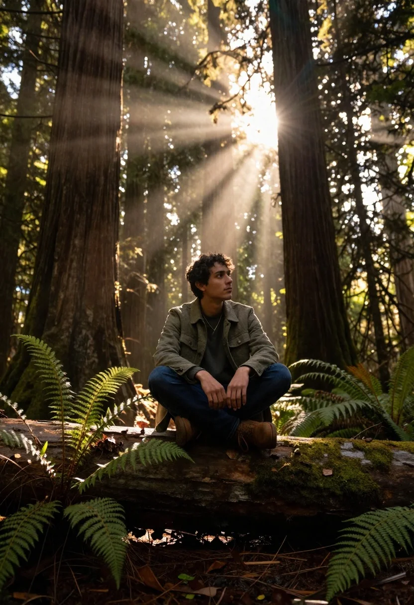 Young Man Sits Cross-legged Moss-covered Fallen Log Dense Forest Subject