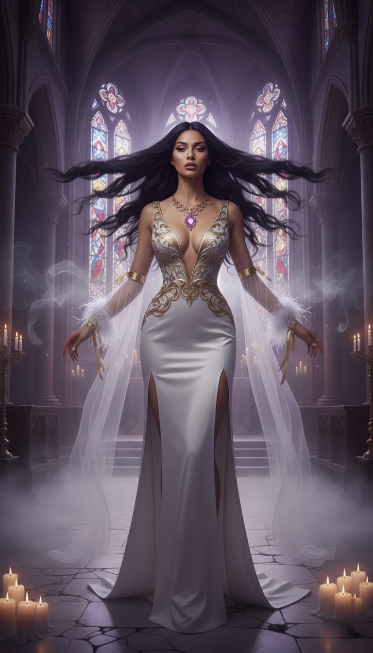 Elegant Heroine In Dark Fantasy Cathedral White Gown