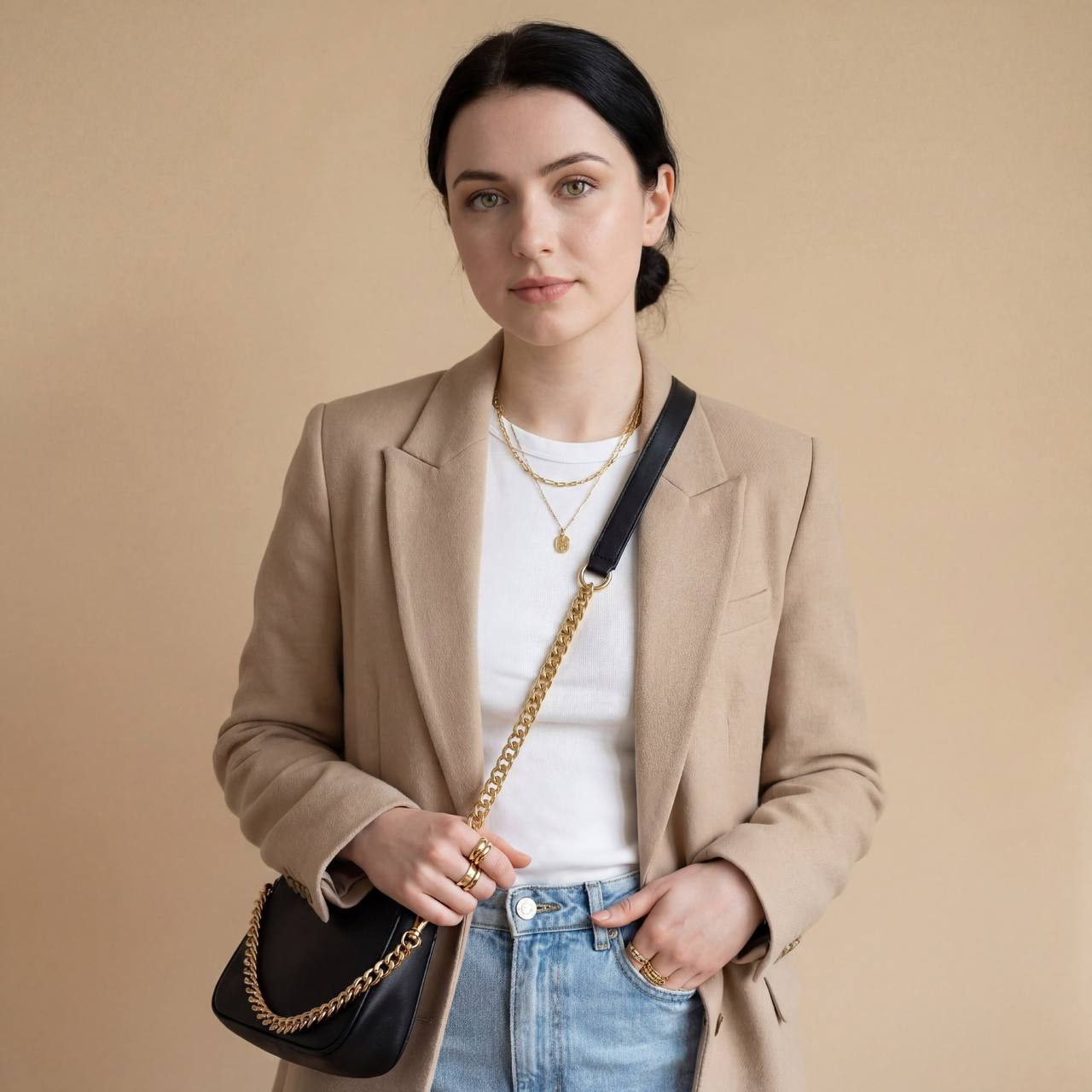 Portrait of a stylish woman in a beige blazer with long wavy hair, wearing light blue high-waisted jeans, set against a light beige background.