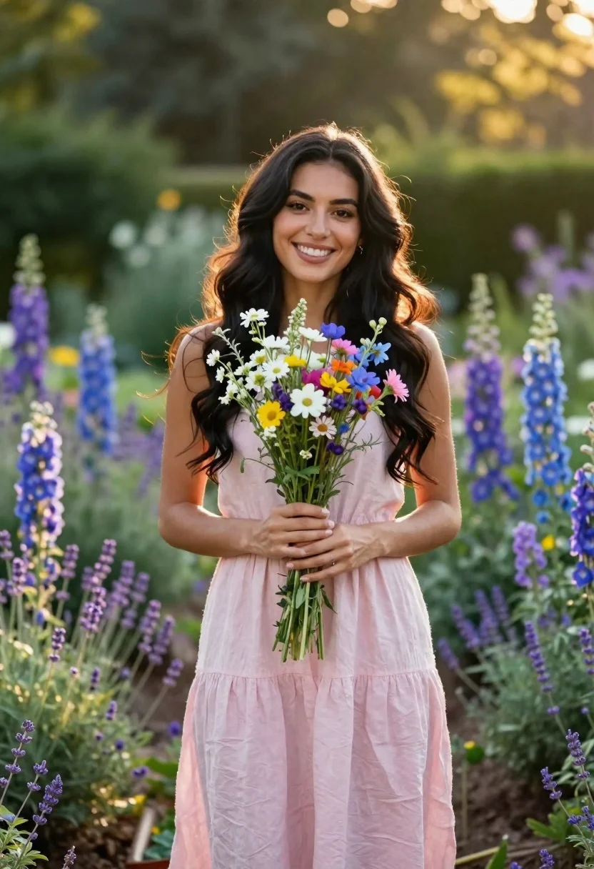 Smiling woman with long dark wavy hair stands in a sunlit garden holding a bouquet of wildflowers, surrounded by blooming flora.
