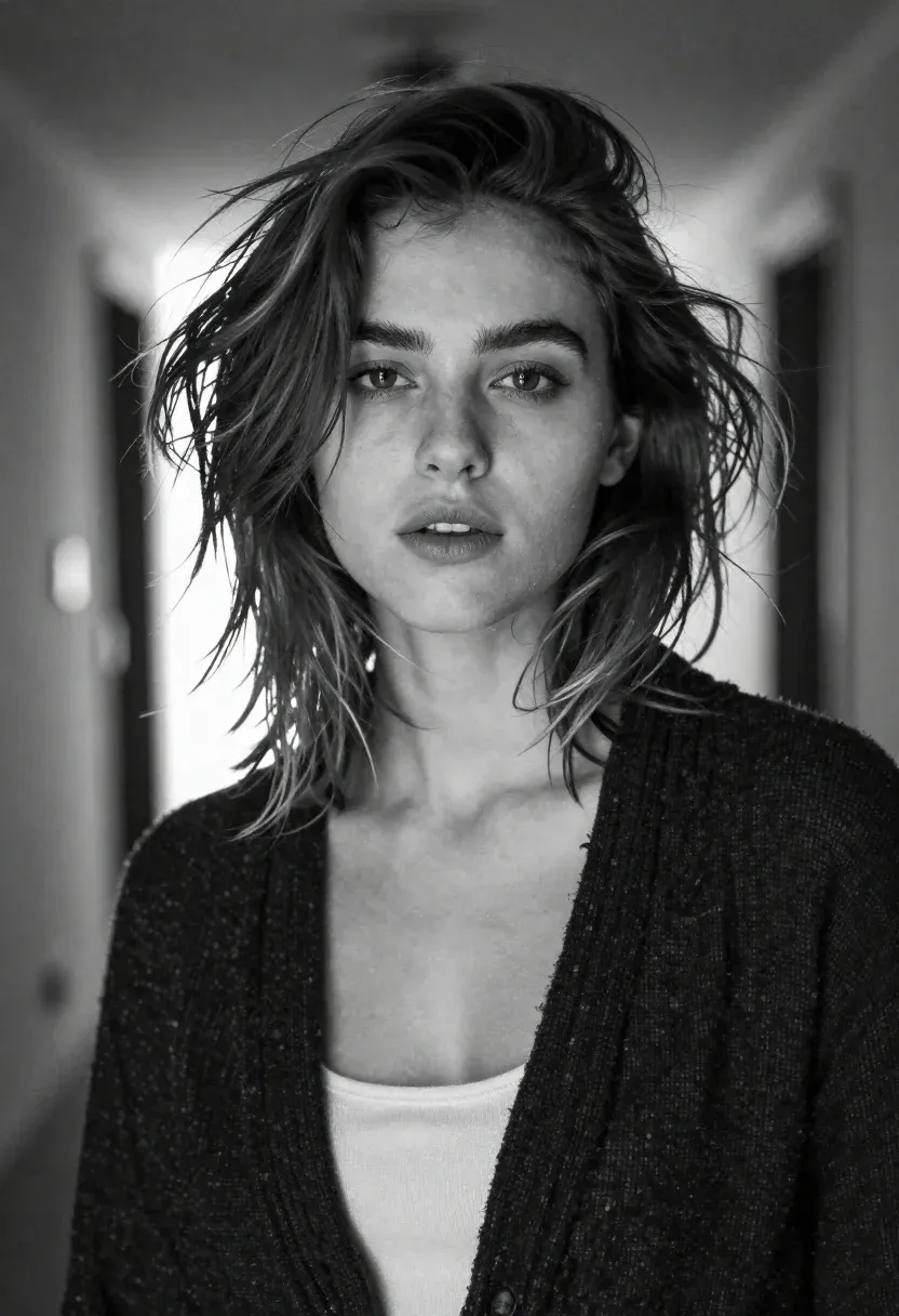 Black And White Portrait Young Woman With Wild Windblown Hair
