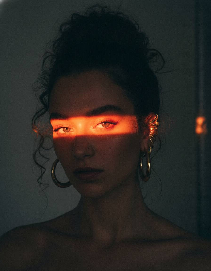 Close-up portrait of a woman with dark hair in a messy bun, illuminated by a bi-colored beam of light in orange and red tones.