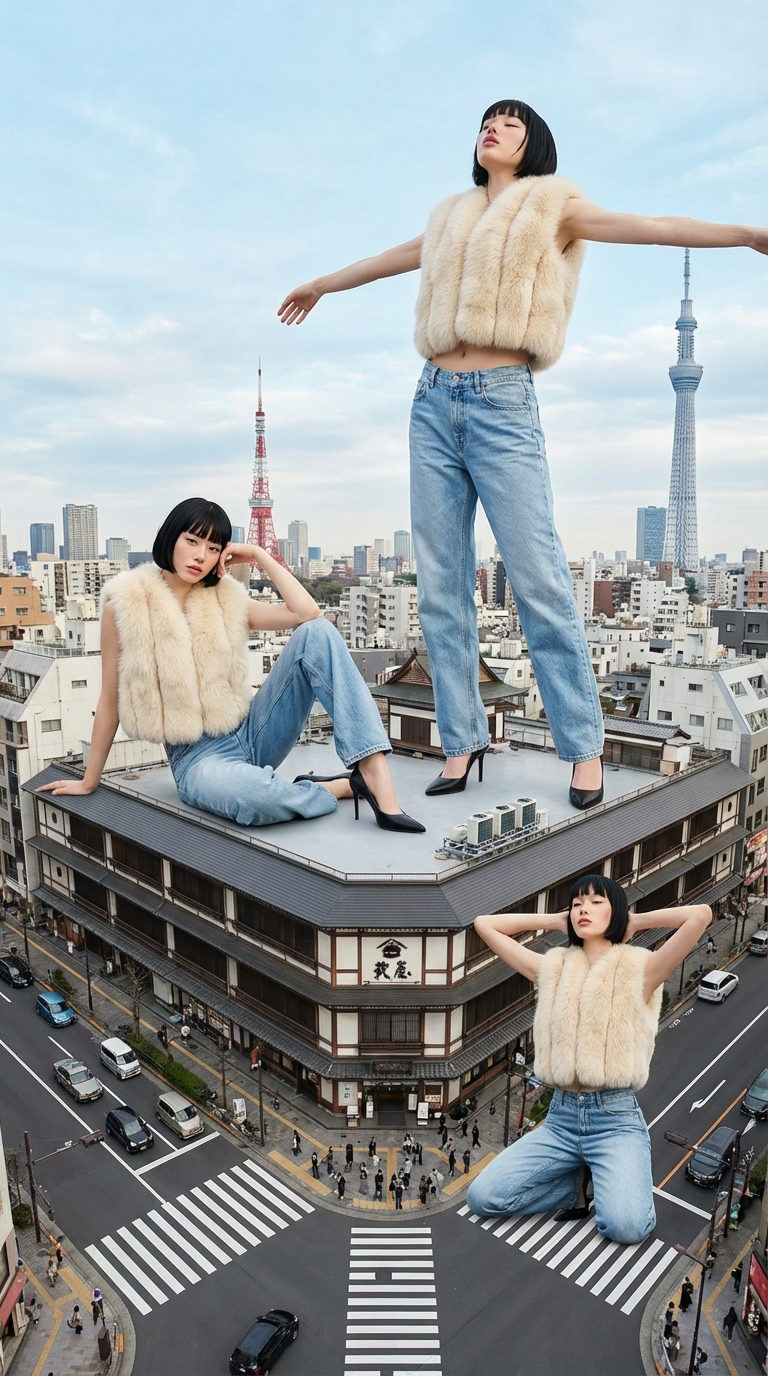 A surreal fashion editorial scene atop a Tokyo rooftop, featuring multiple poses of a woman with a fashionable cream fur vest and light wash jeans against a city backdrop.