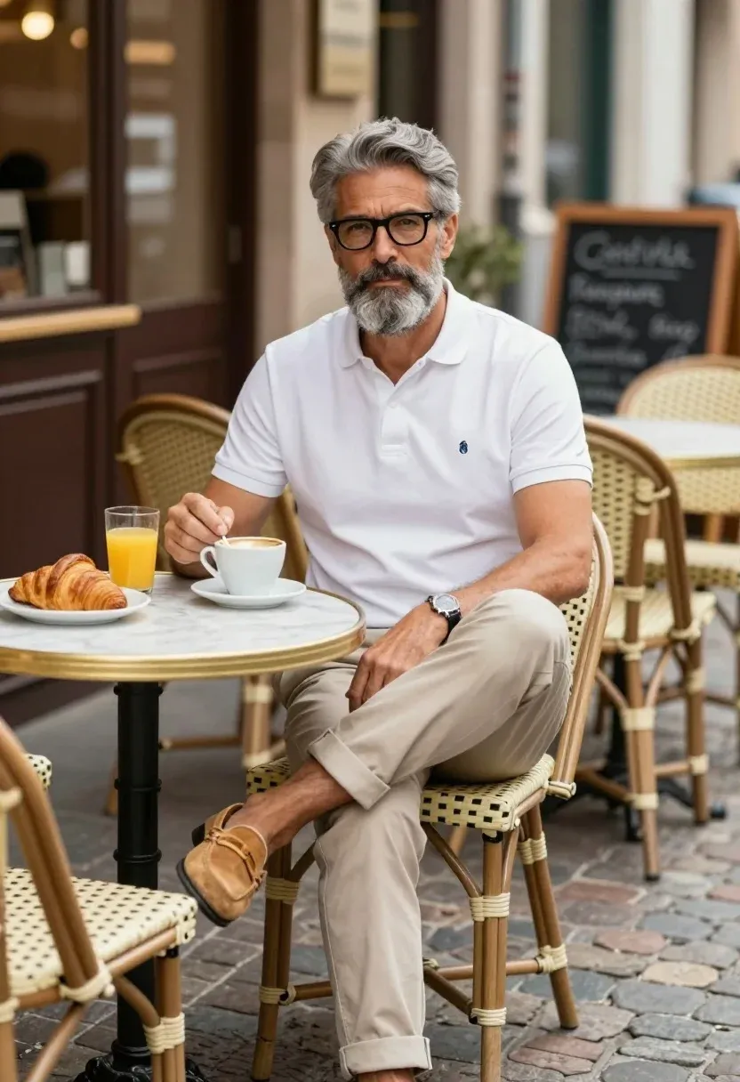 Handsome Middle-aged Man With Grey Hair And Beard Sits Outdoor