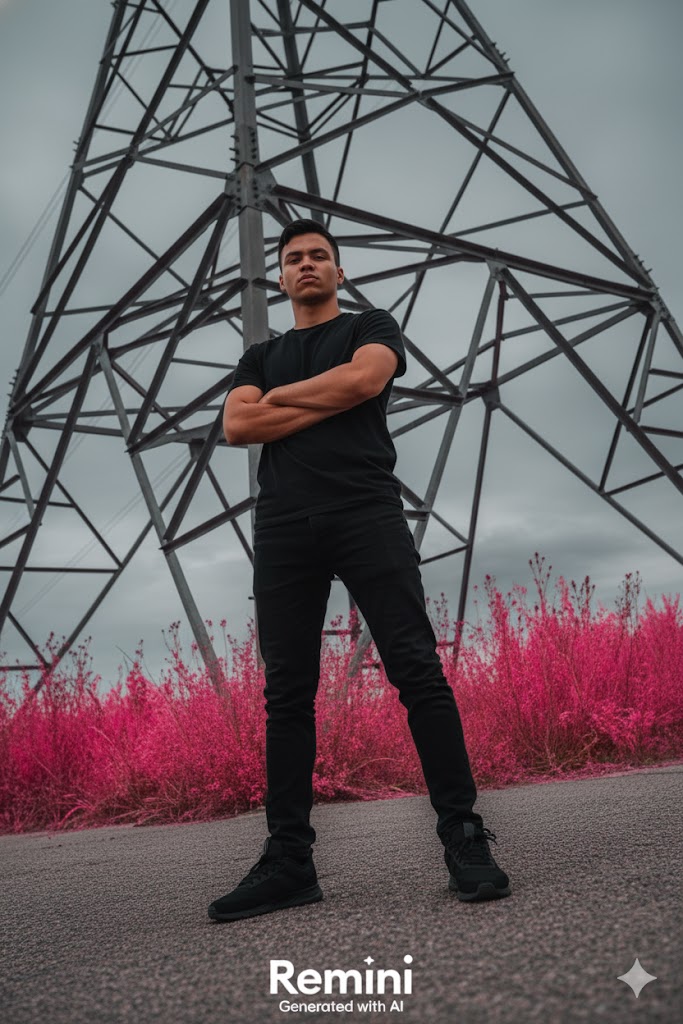 A conceptual portrait blending geometric shapes and pink vegetation under an overcast sky.