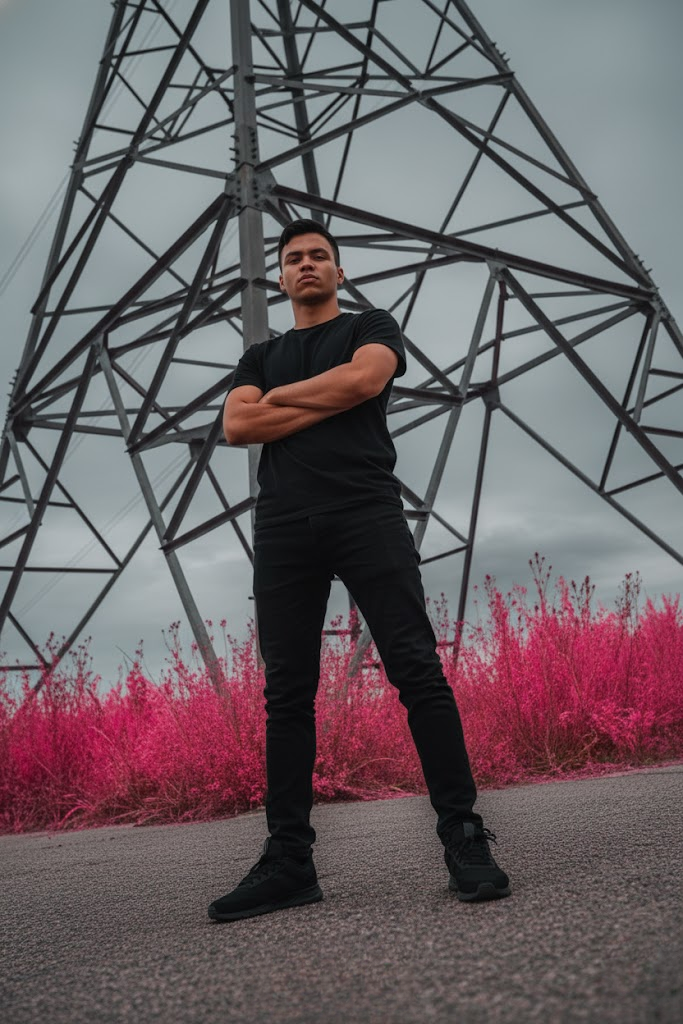 A conceptual portrait blending geometric shapes and pink vegetation under an overcast sky.