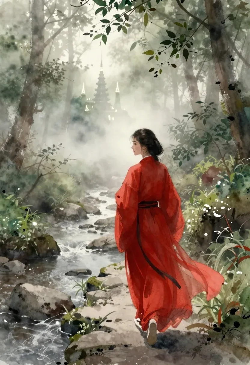 Watercolor And Ink Painting Woman Traditional Red Robes Walking Away
