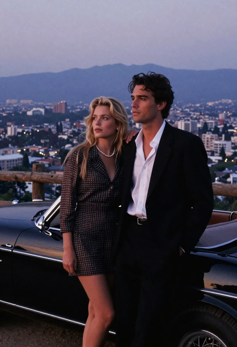 Cinematic Shot Stylish Couple Posing Intimately Next Vintage Black Convertible reference photo