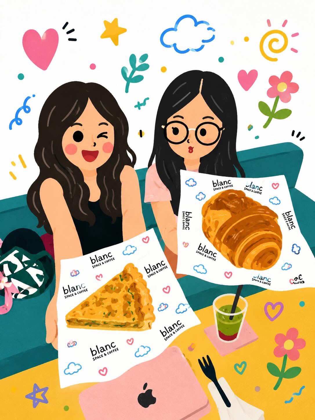 Two Women On Teal Couch With Food Wrappers