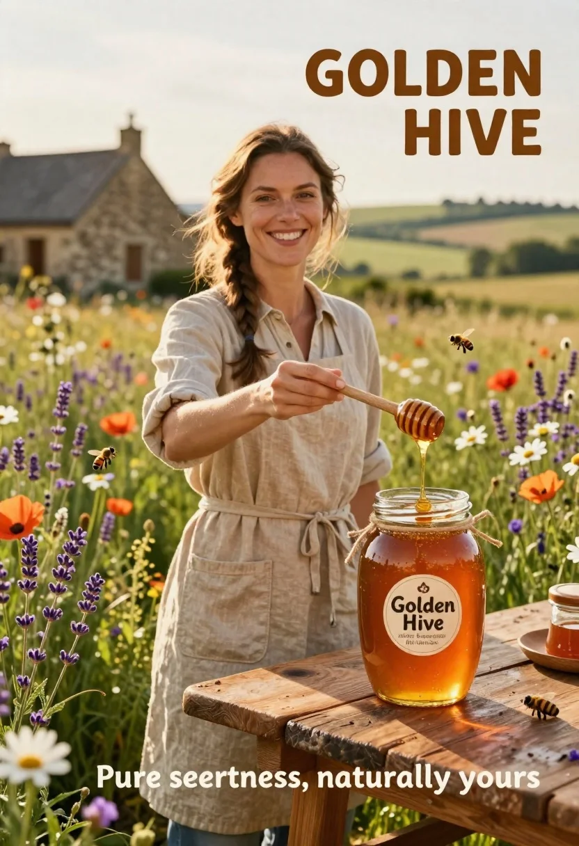 Smiling Woman Stands Sunlit Meadow Holding Large Glass Jar Honey