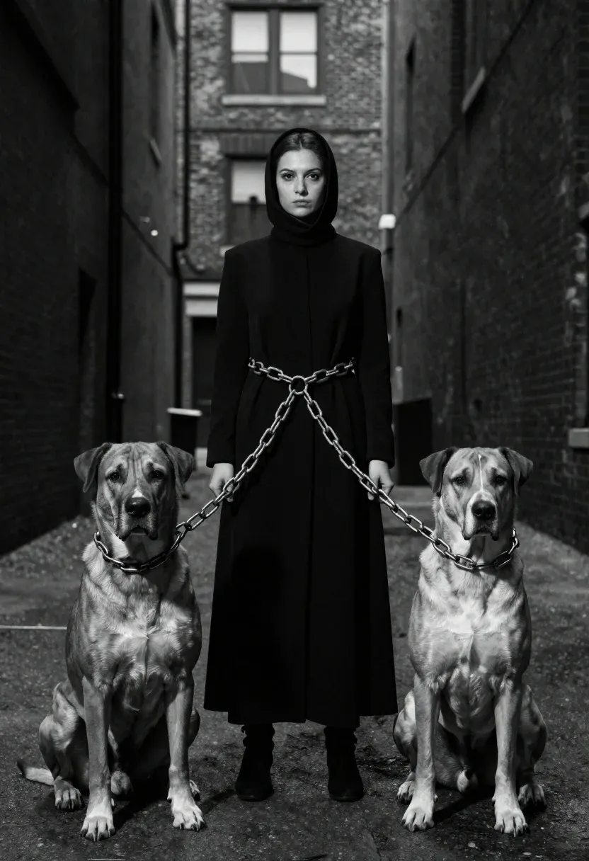 Black And White Portrait Woman Standing Between Two Large Dogs