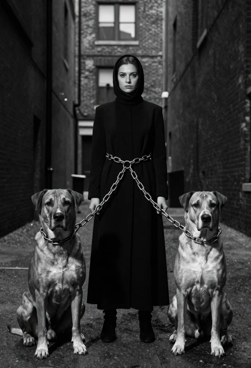 Black And White Portrait Woman Standing Between Two Large Dogs reference photo