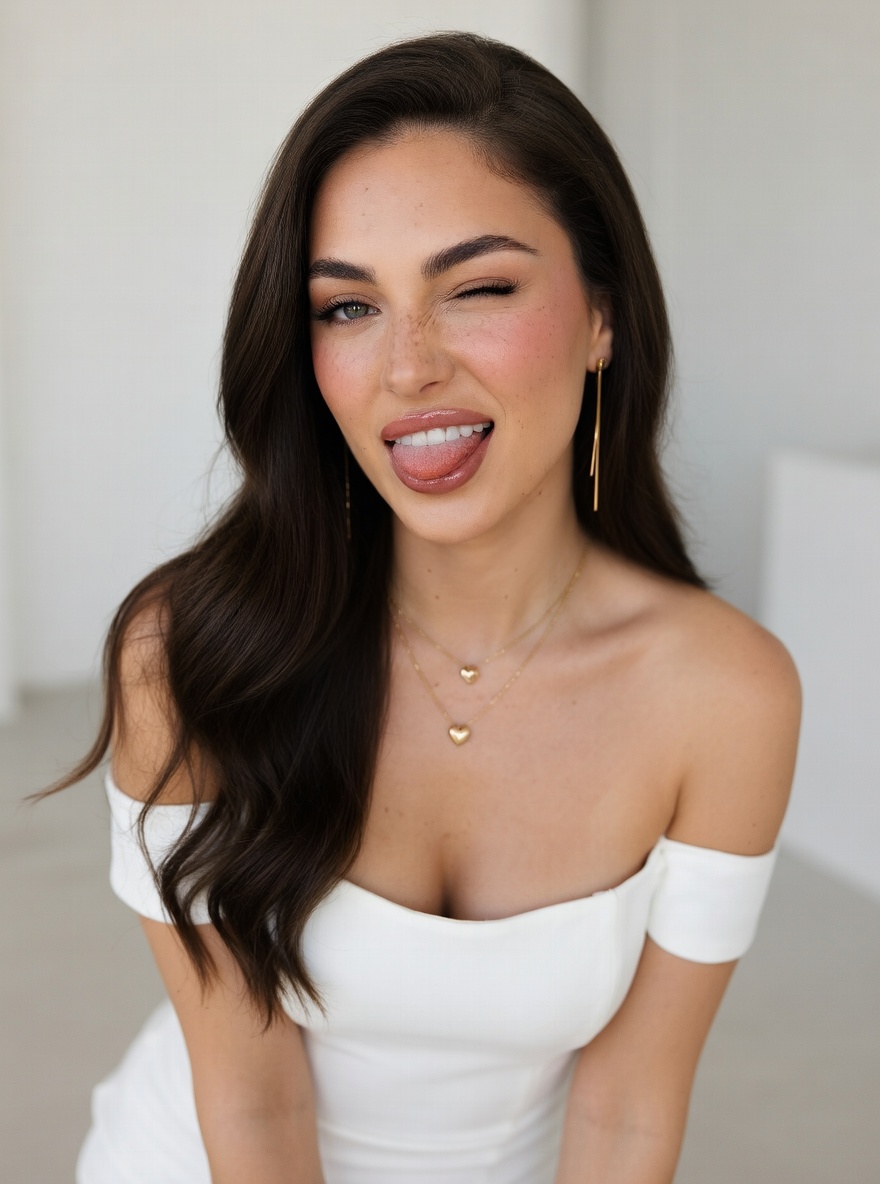 A playful woman in an off-shoulder fitted dress with long hair, wearing gold jewelry, leaning towards the camera in a soft-lit studio.