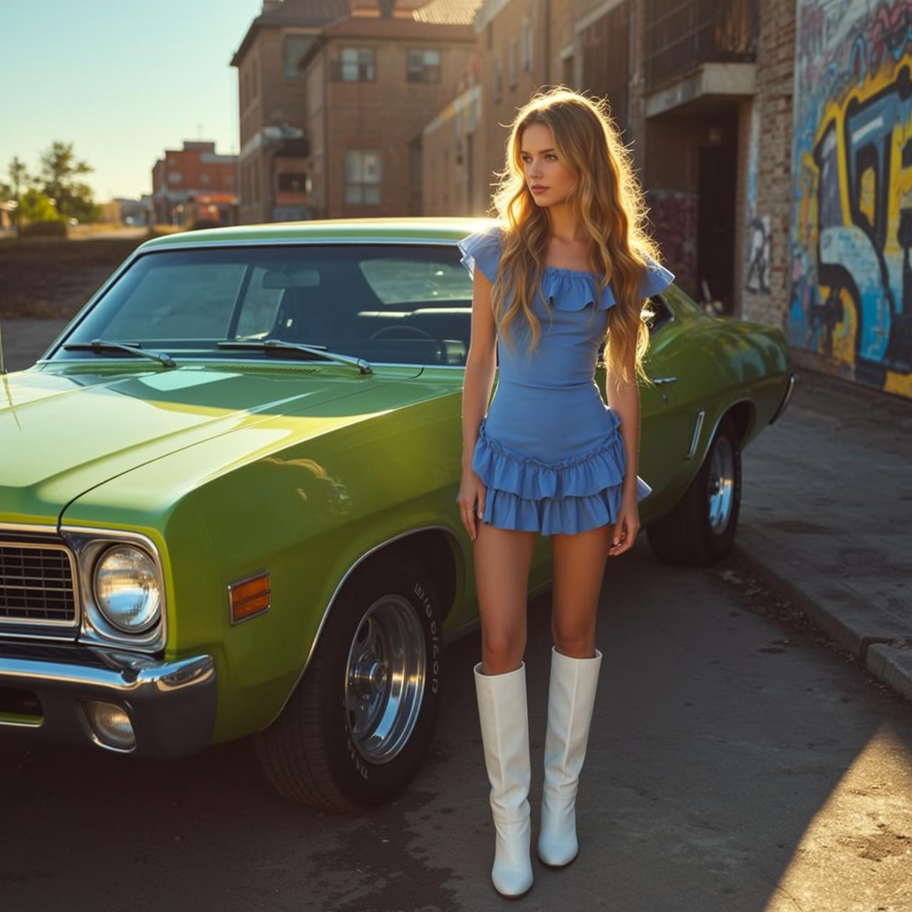 Blue Ruffled Off--shoulder Top Blue Ruffled Mini Skirt Asphalt Road reference photo
