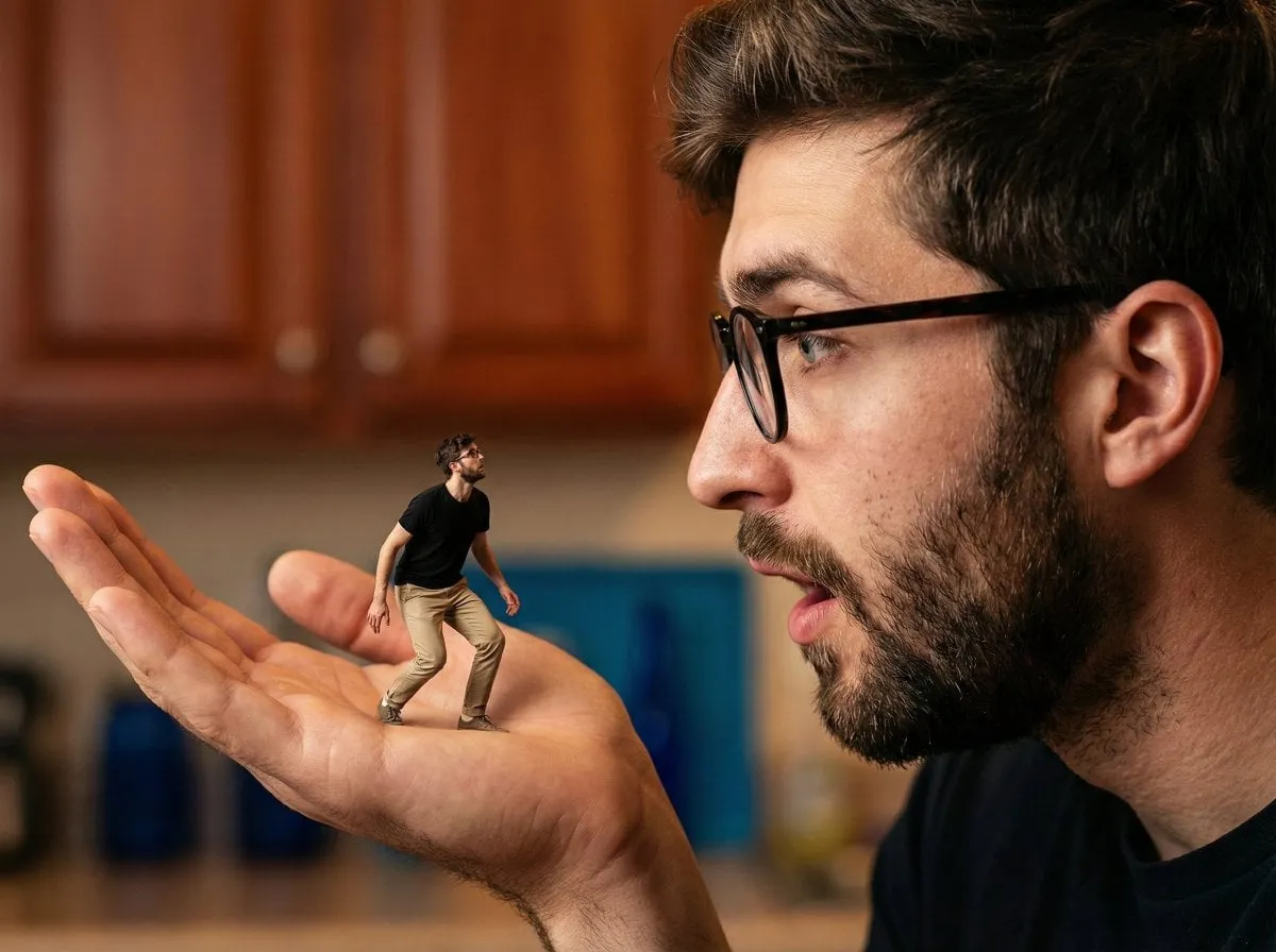 Mans Giant Hand Cradles Tiny Man Surreal Scale