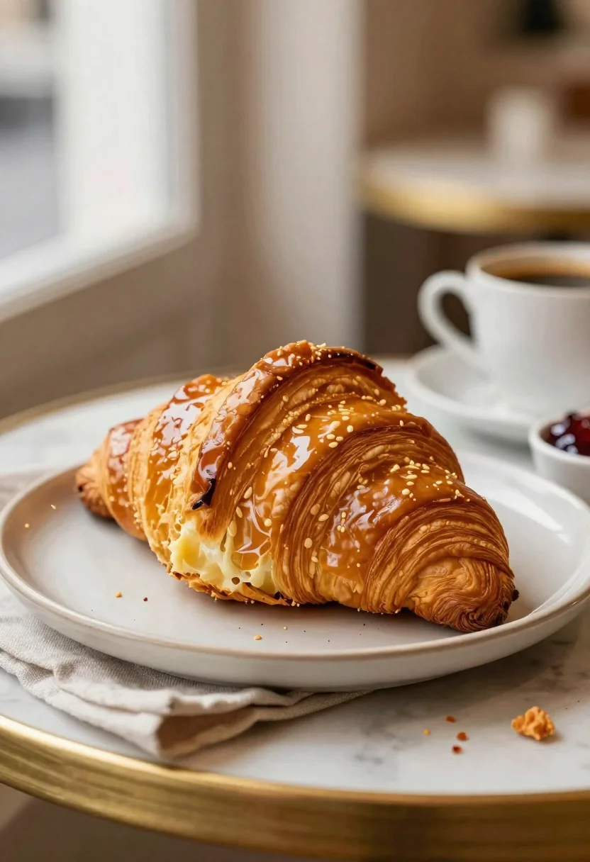 Food Photography Shot Freshly Baked Buttery Croissant With Elegant Caf reference photo