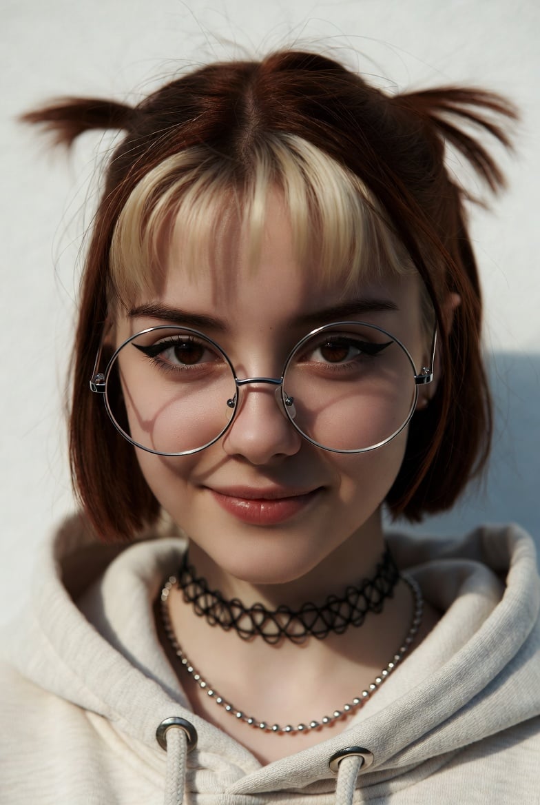 Close-up portrait of a person with a bob haircut, playful pigtails, and silver glasses, wearing a beige cotton hoodie against a white background.