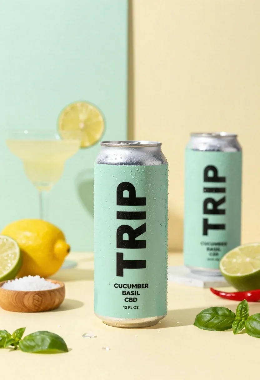Refreshing Product Shot Featuring Frosty Can Trip Cucumber Basil Cbd